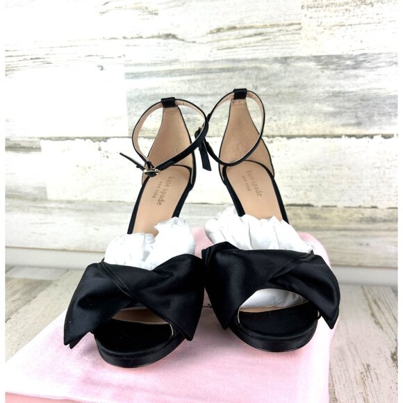 Kate Spade Black Satin Bridal Bow Platform Sandal Pumps - Picture 5 of 9